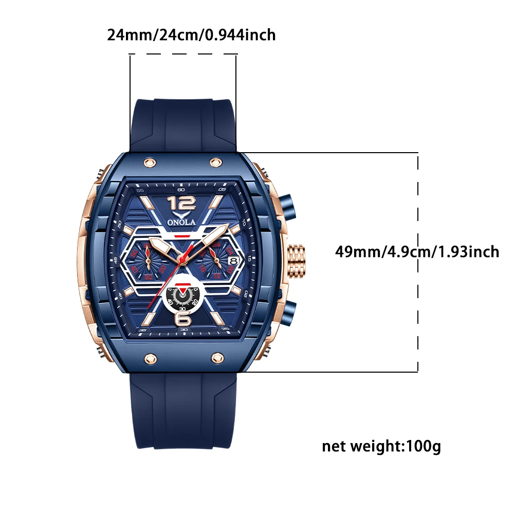 ONOLA New Tonneau Quartz Wristwatch Business Blue Multifunctional Sport Watches Trandy Design Silicone Strap Clock Dropshipping