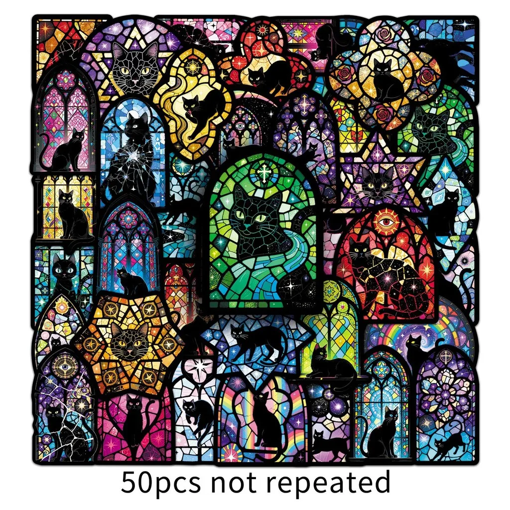 50Pieces Stained Glass & Black Cat Stickers Unique Mysterious Scene Creative Cartoon Cat Decals for Laptops Giajar Sticker Store