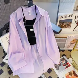 Verão Nova Fina Chiffon Cardigan Manga Longa Cor Sólida Solta All-jogo Camisa Tops Simplicidade Casual Mulheres Vestuário