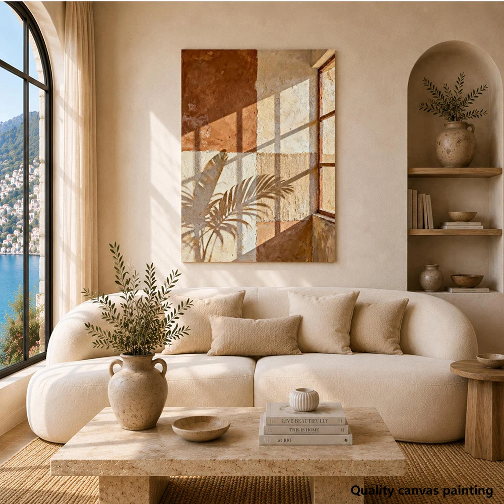 Terracotta orange wall art, vertical textured window-style canvas print, abstract painting featuring sunlight, modern decor for