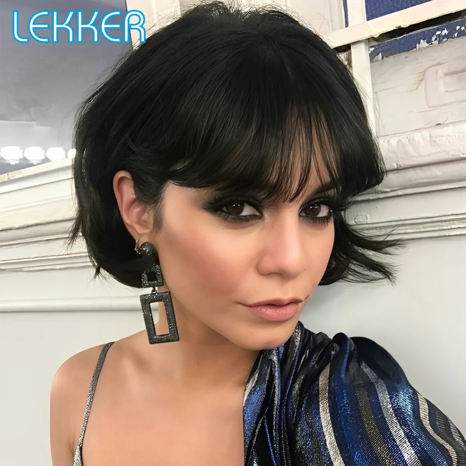 

Lekker Short Pixie Body Wave Bob 100% Human Hair Wigs With Bangs For Women Brazilian Remy Hair Full Machine Made Colored Wavy