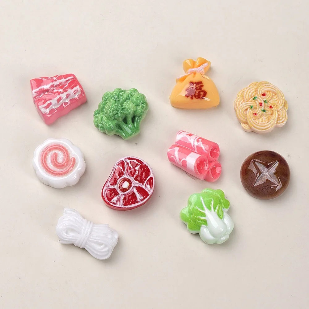 Simulation Mini Food Resin Flatback Charms, Fake Vegetable Meat Noodle Fortune Bag Cabochons for Phone Case Hair Clip DIY Handma