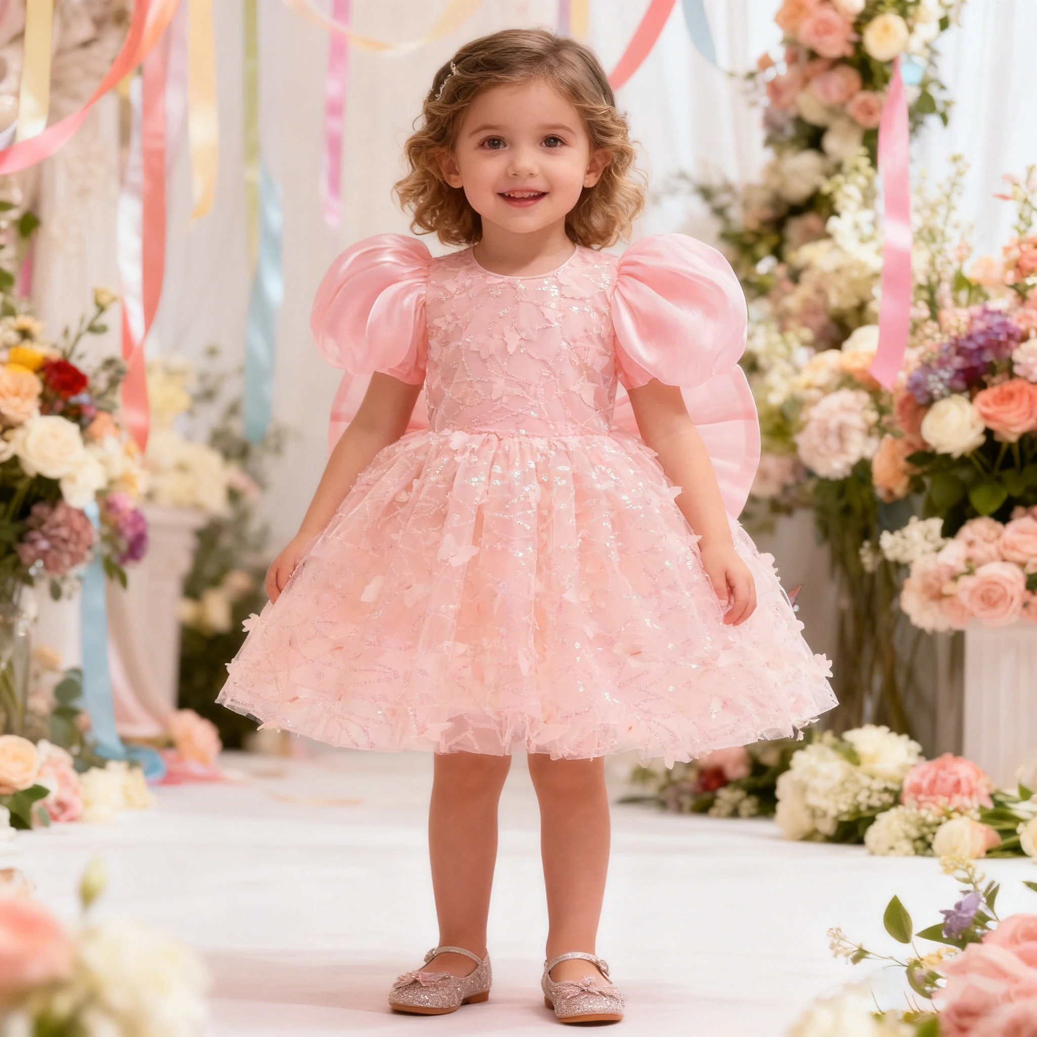 

Elegant Solid Color Girls Sequin Dress Lace Mesh ShortSleeve pink dress kids gir Evening Gown Summer Girls Party Festive Dresses