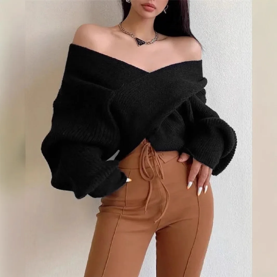 유럽과 미국의 패션 여성의 새로운 크로스 불규칙 디자인 센스 숄더 루즈 와일드 스웨터 여성 의류