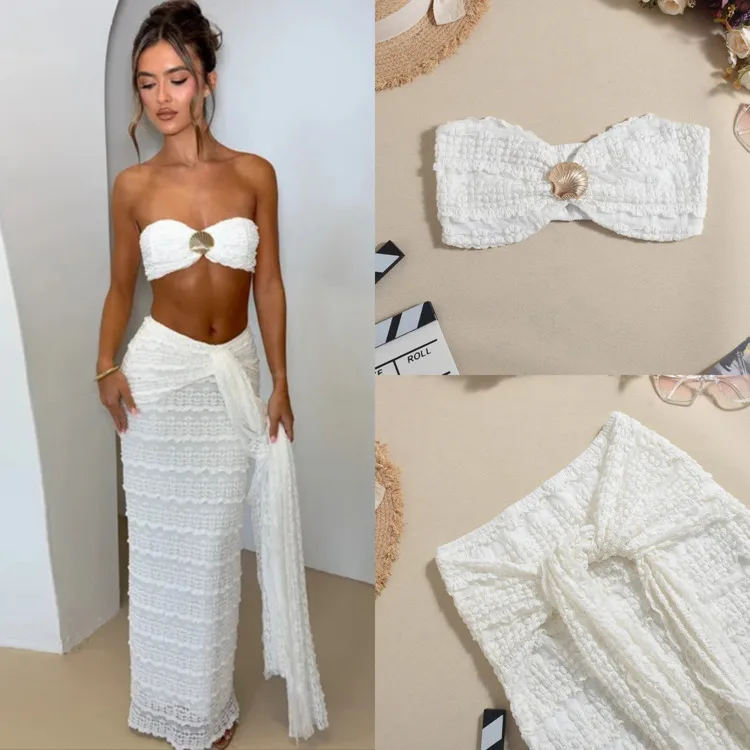 Women Strapless Bandeau Top And Long Skirt Set Metal Contrast Trim Crop Top 2 Piece Outfit Textured Stripe Beach Holiday Style