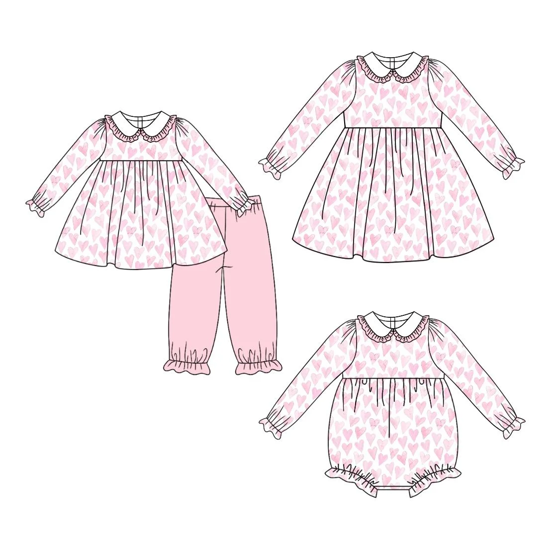 Valentine's Day New Girls' Clothing Pink Heart Print Frill Neck Top and Pants Boutique Set Romper and Dress