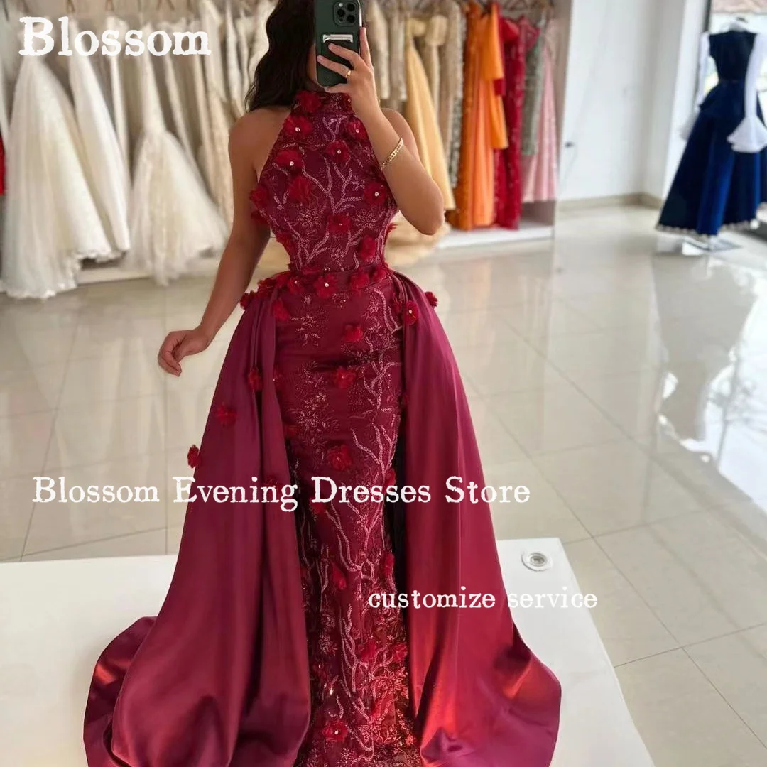 High Neck Sleeveless Floral Evening Dresses 2024 Sequin Satin Long Tail Elegant Wedding Party Gown Formal Prom Dresses