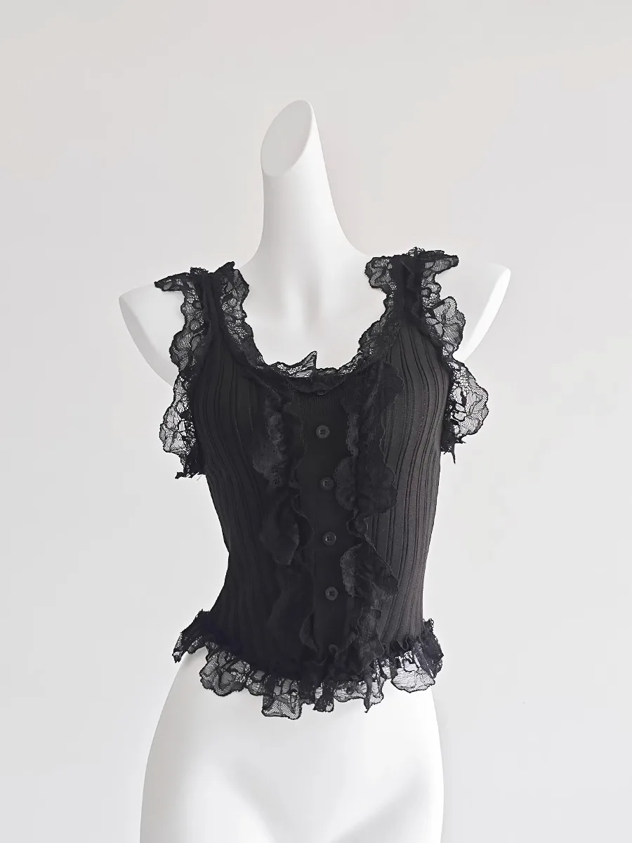 Sexy Lace Trim Bla Strap Vest ort Svel Fitted Summer Top for Women Commute Sle Chinese Production Thin Material