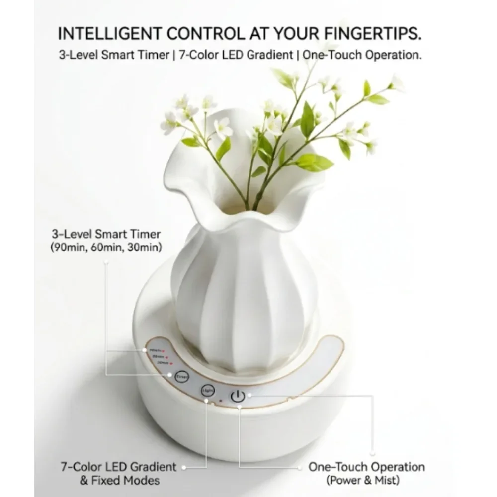 Ceramic Vase Shape Ultrasonic Essential Oil Diffuser, Aroma Humidifier with 7 Colors LED Night Light & Timer