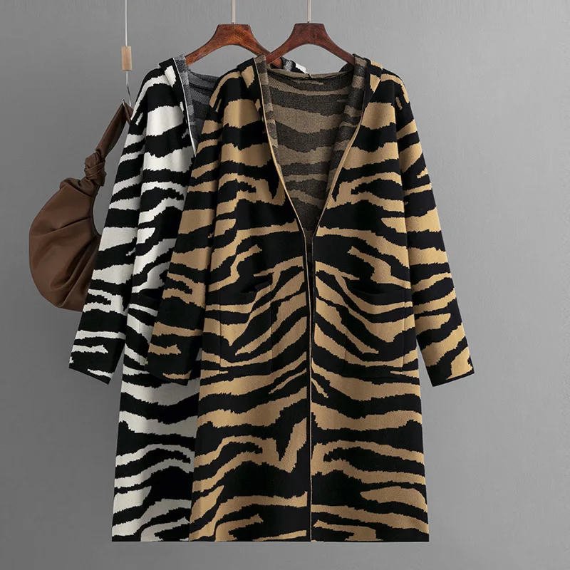 

Knitted Sweater Coat Women Cardigans Hooded 2023 Autumn Winter New Still V-neck Long Sleeve Zebra Pattern Long Sweater Cardigan