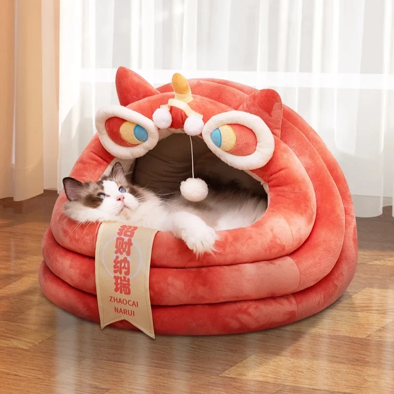 

PP Cotton Winter Cat Bed Lucky Cat Design Pet Bed Washable Semi-Enclosed Dog House Non-Collapsing Cold-Resistant Pet Home