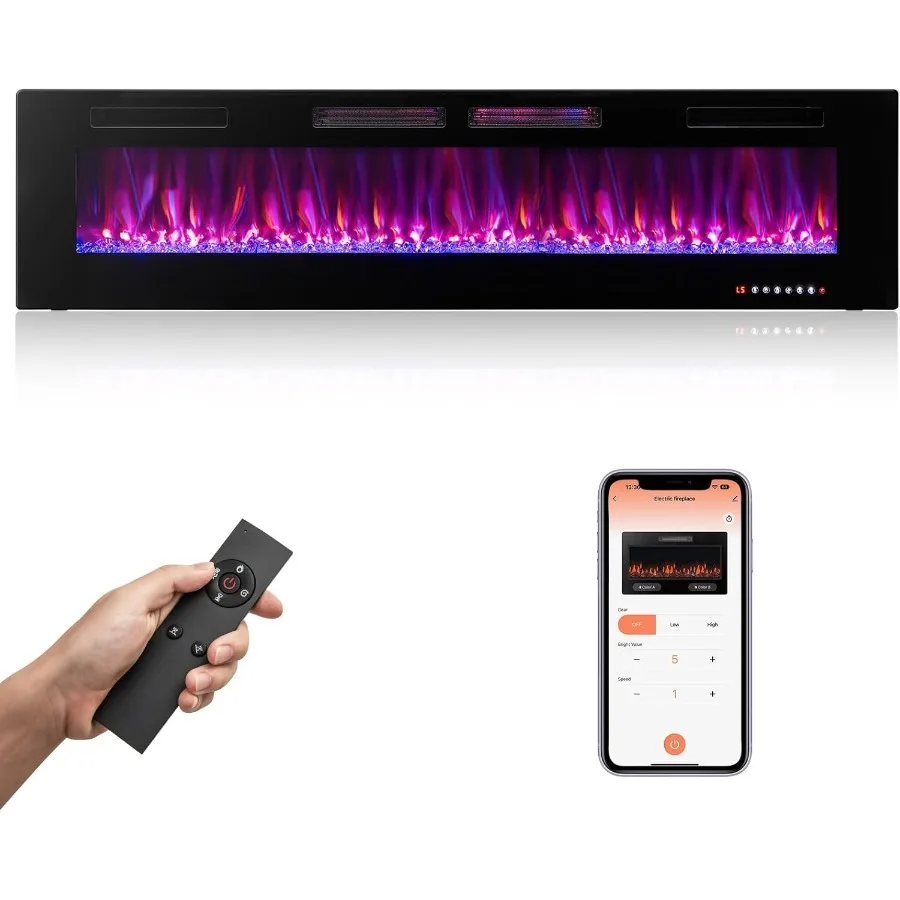 

UltraThin Electric Fireplace 72inch Wide 750W 1500W WallMounted and Recessed Fireplace Heater with 12 Flame and Flame Bed Color