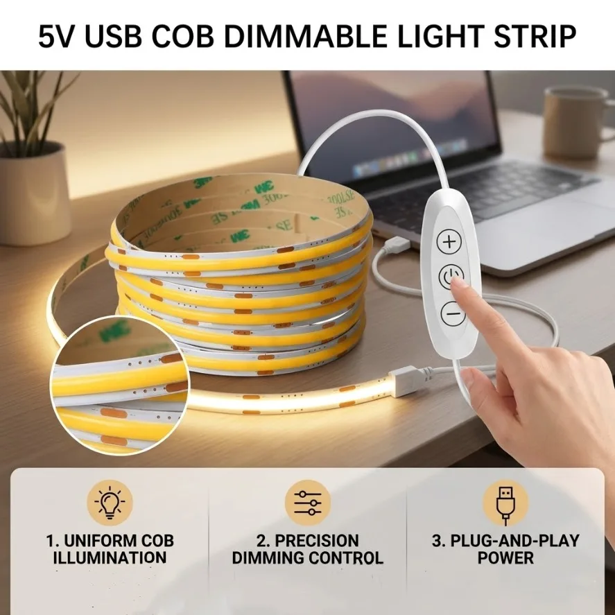 1-5M 320LEDs/M 5V USB COB LED Strip with 3Keys Touch Switch Dimmable Flexible Tape for Mirror TV DIY Backlight Decor Lighting