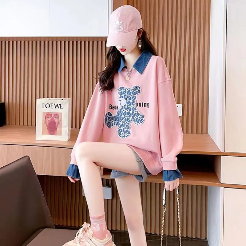 Women Clothing Patchwork Fake Two-piece Hoodies Spring Autumn New Long Sleeve Printing Loose Youth Casual Tops Fashion Korean