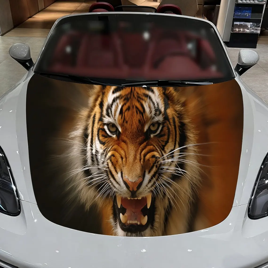 Car Decals A Tiger with Bold Stripes and Powerful Facial Expression in a Warm-Toned, Textured Background Design Car Hood Sticker