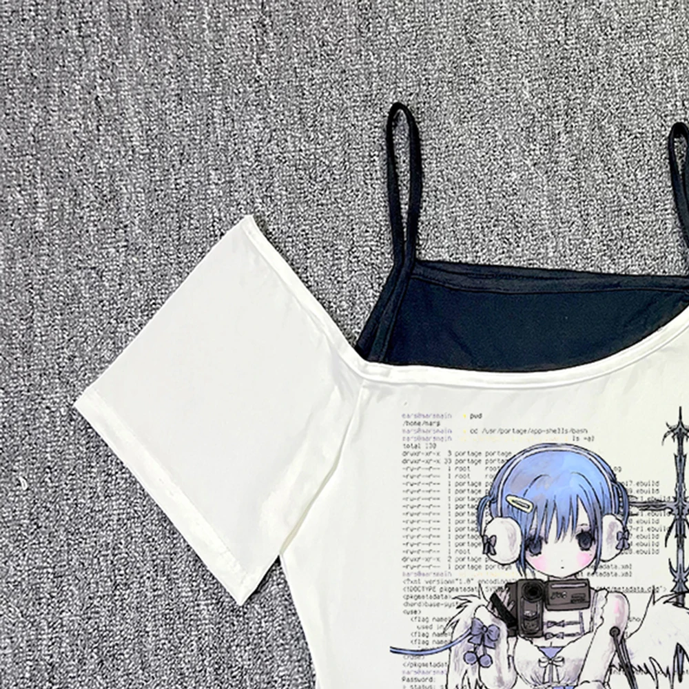 アニメパターン印刷セクシーなクロップトップ女性のベスト夏ゴス女性ベスト Y2k 2000s ベビートップ服エモコケットレジャー Tシャツ