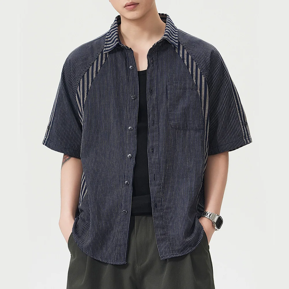 Men Stripe Splice Short Sleeve Japanese Streetwear Campus Boys Summer Shirts Blouses Man Cityboy Fashion Loose Casual Shirt