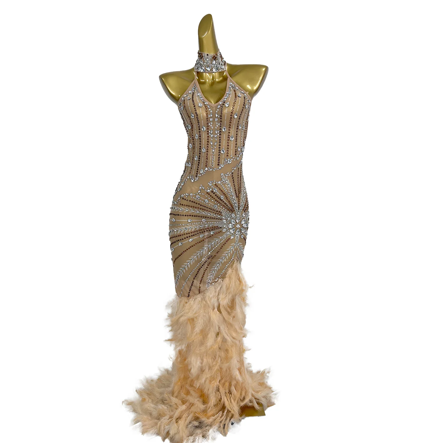 Chuliuxiang femmes élégantes haut de gamme robe de soirée Sexy Perspective maille épissage plume jupe robes de bal anniversaire nouvel an robe