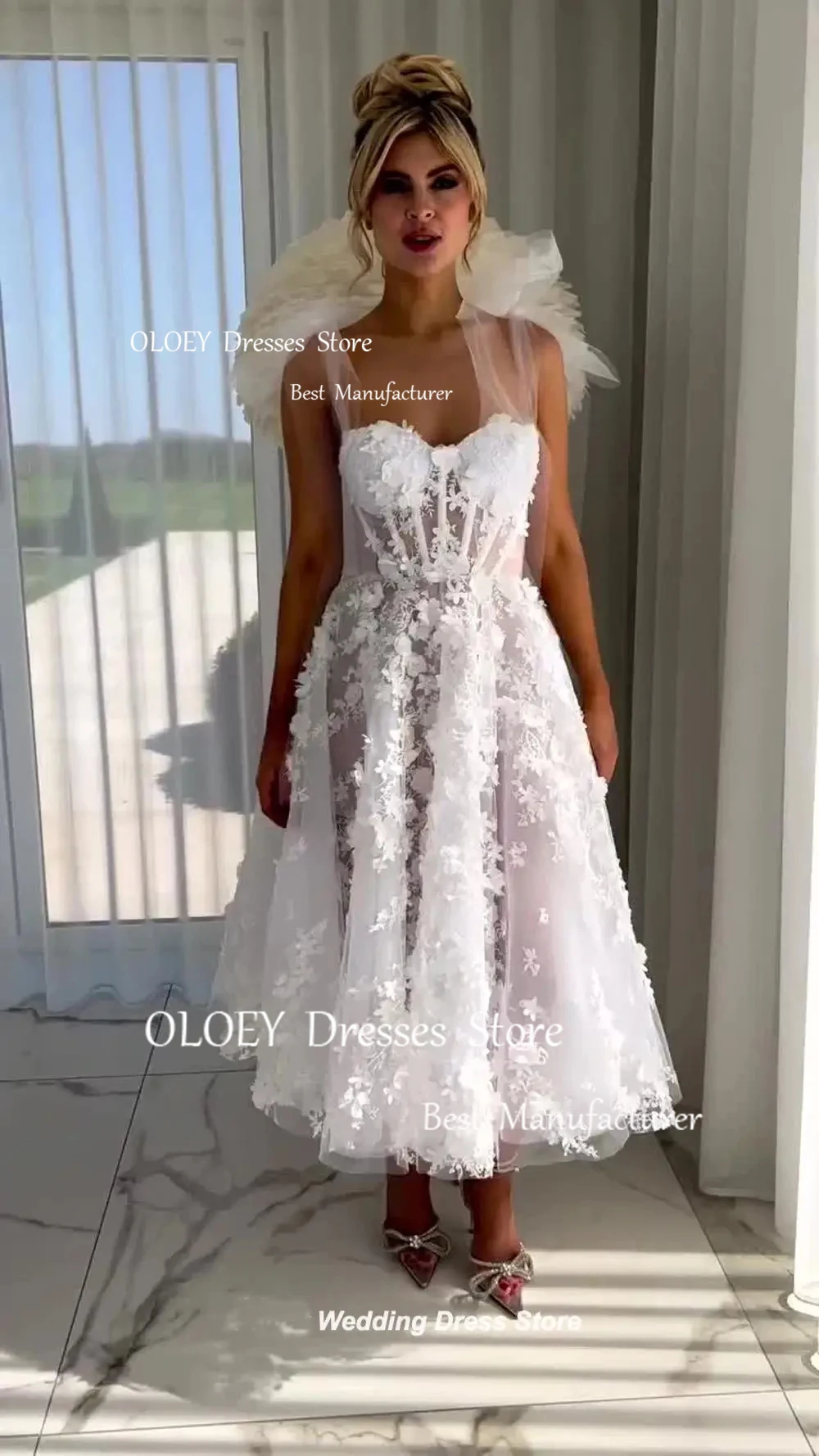 OLOEY Exquisite 3d Appliques Wedding Dresses Sweetheart Bridal Gowns Vestido De Noiva Ankle Length Zipper Back Custom Made