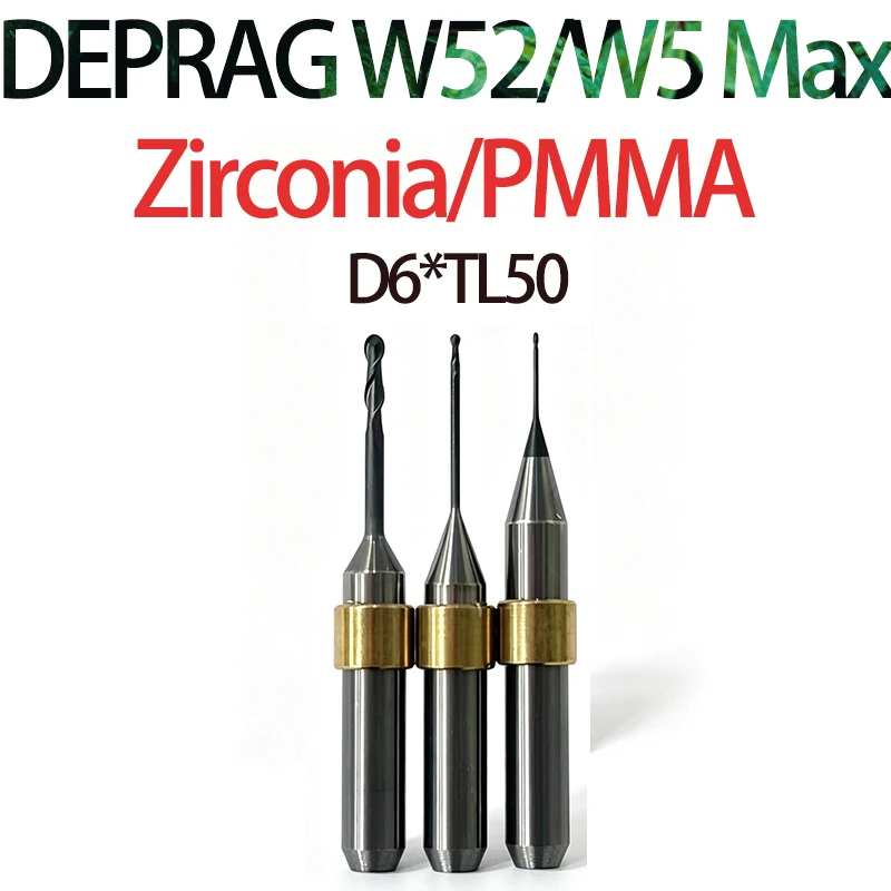 DEPRAG W52/W5Max Laborfräser, Schaft 6mm, Länge 50mm, für Zirkonoxid, DC, DLC, PMMA, PEEK, Wachs, Dental-Laborfräser, CADCAM-Schneidwerkzeuge
