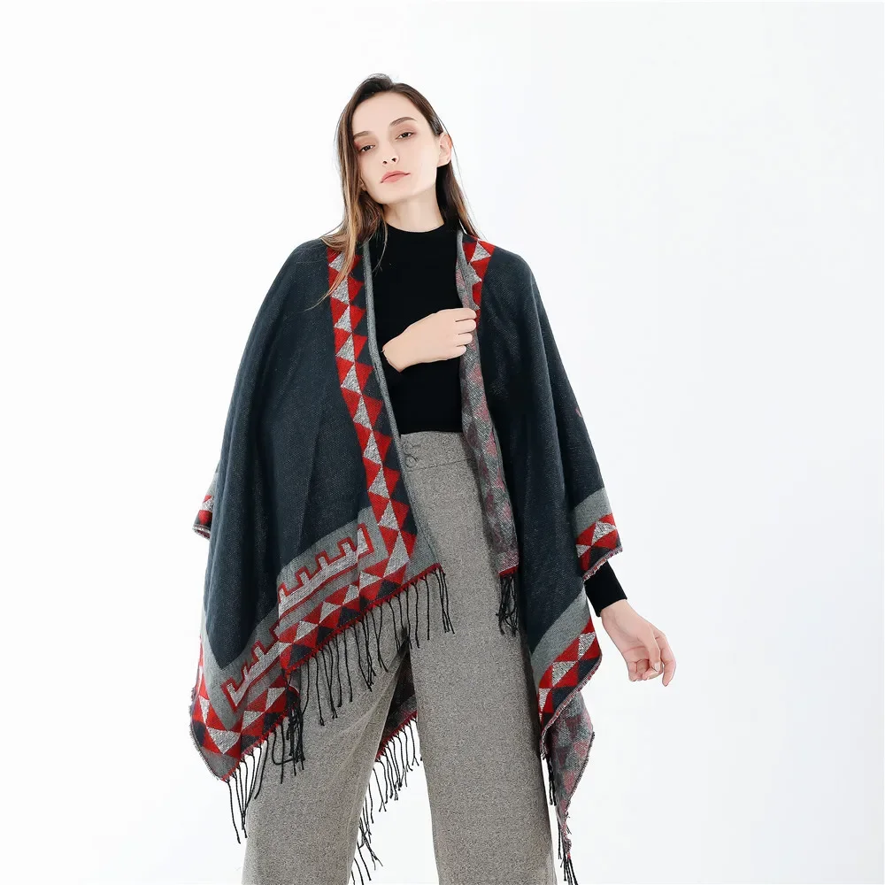 Winter New Tassel Printing European American Fashion Street Solid Color Imitation Cashmere Warm Scarf Shawl Gray Red