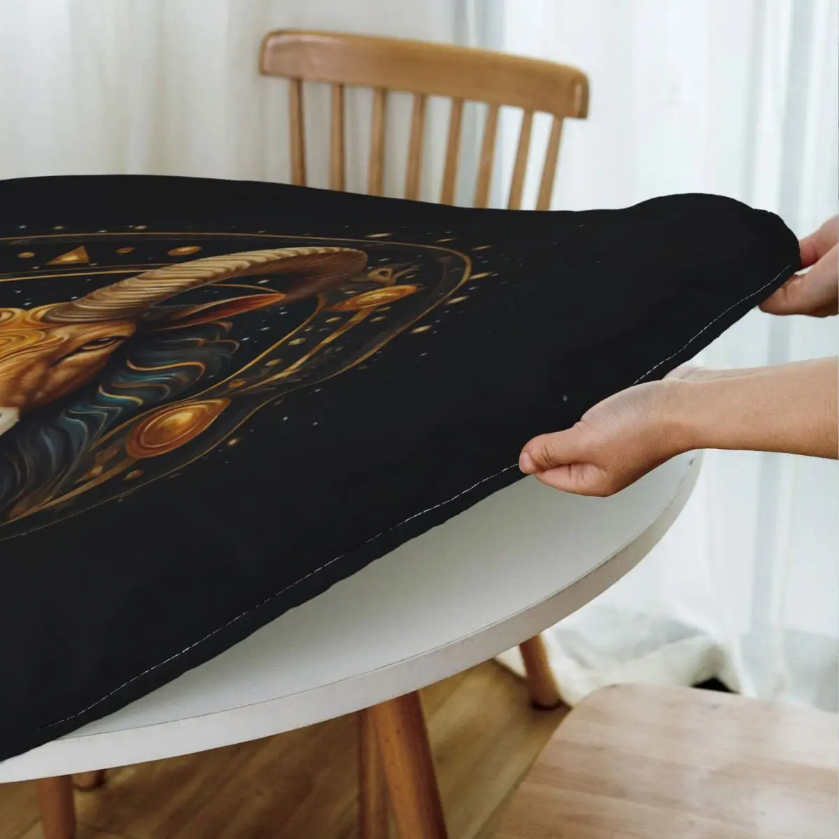 Aries Zodiac Celestial Goat And Ram Horns Print Waterproof Round Tablecloth Table Cloth for Kitchen Events Dining Table Cover
