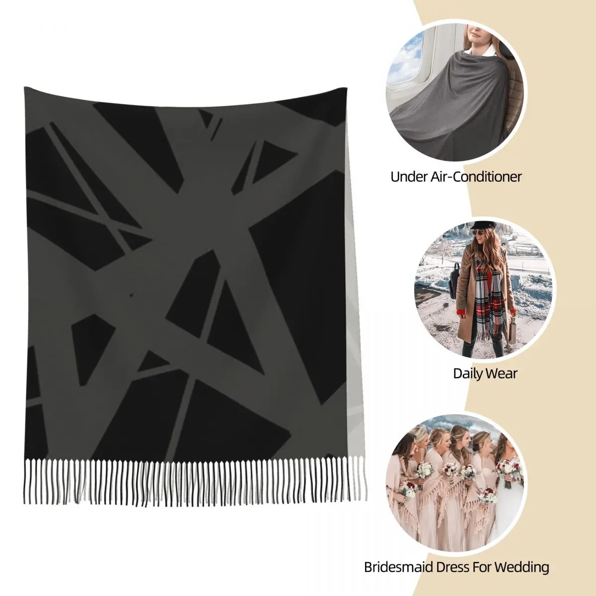 ผ้าพันคอไหมพรมลายทางแท้ ดีไซน์พู่ห้อย ผ้าคลุมไหล่ผู้หญิง เนื้อนุ่ม อุ่นสบาย ผ้าคลุมไหล่ขนาดใหญ่สำหรับฤดูใบไม้ร่วงและฤดูหนาว