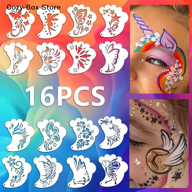 16Pcs Reusable Face Painting Tattoo Stencil Set DIY Hollowed Body Art Paint Stencils Eyebrow Templates Hand Drawn Spray Painting