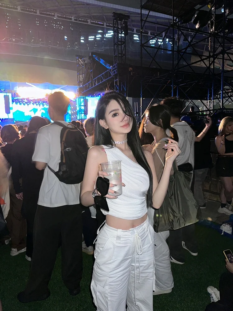 Faionable oulder Bared ort Chaleco de vientre plegado para deportes de baile callejero y latino Top T irt Diseño de un solo hombro Algodón M...