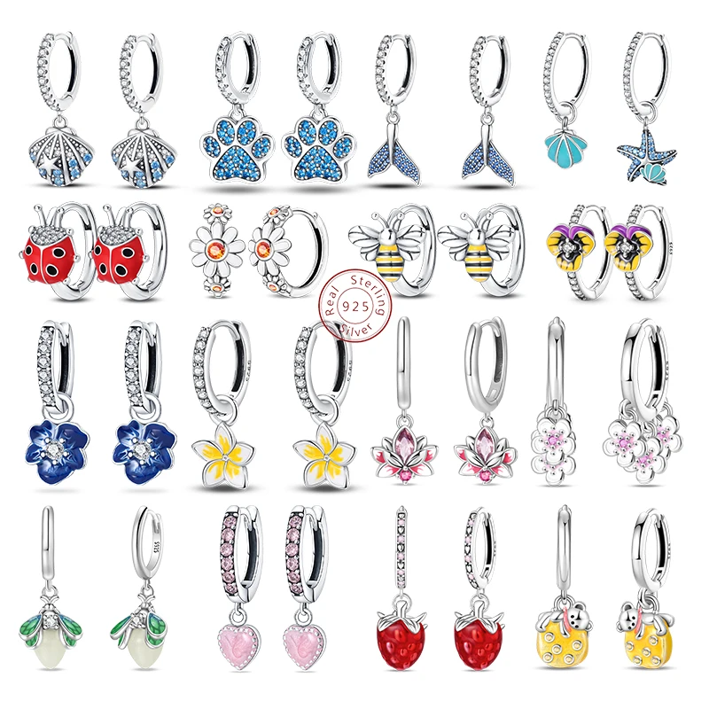 925 Sterling Silver Blue Zircon Stars Moon EarringsIrregularity Strawberry Flower Earring For Woman Fine Birthday Jewelry Gift