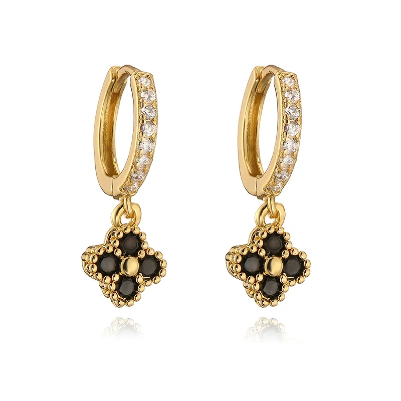 1Pair 18K Gold Plated Brass New Small Hoop Earrings with Crystal Zirconia Flower Pendant Earrings Perforated Women Jewelry Gift