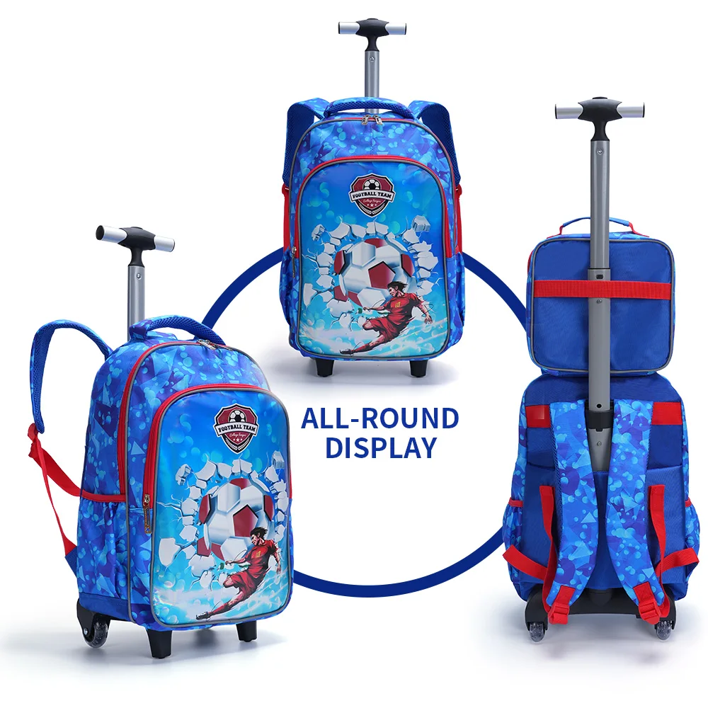 3PCS Rolling Backpack for boys Kids Wheeled School BookBag With Lunch And Pen Bag Cyan soccer design Glow-in-the-dark Function