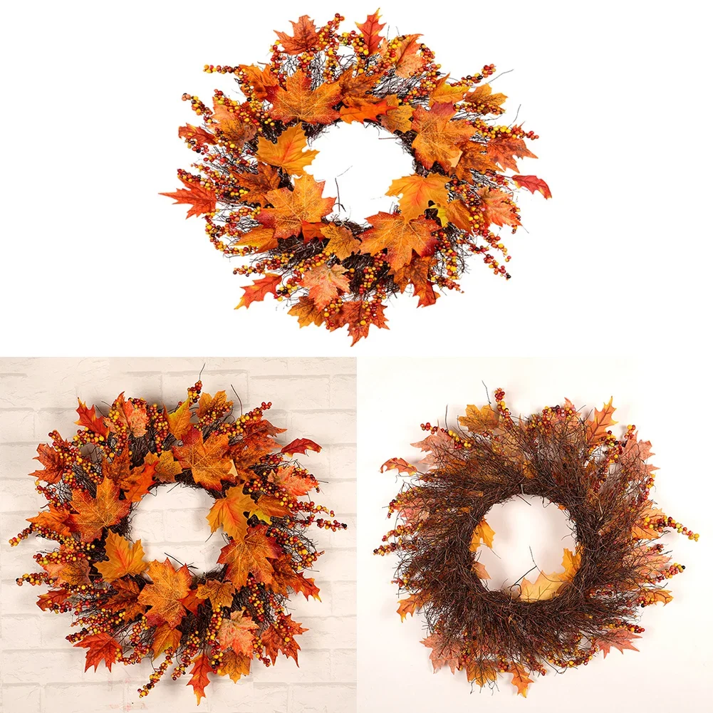 45cmAutumn Door Wreath Christmas Halloween Decoration Pumpkin Berry Pine Cone Maple Artificial Wreath Cloth Rattan Material Home