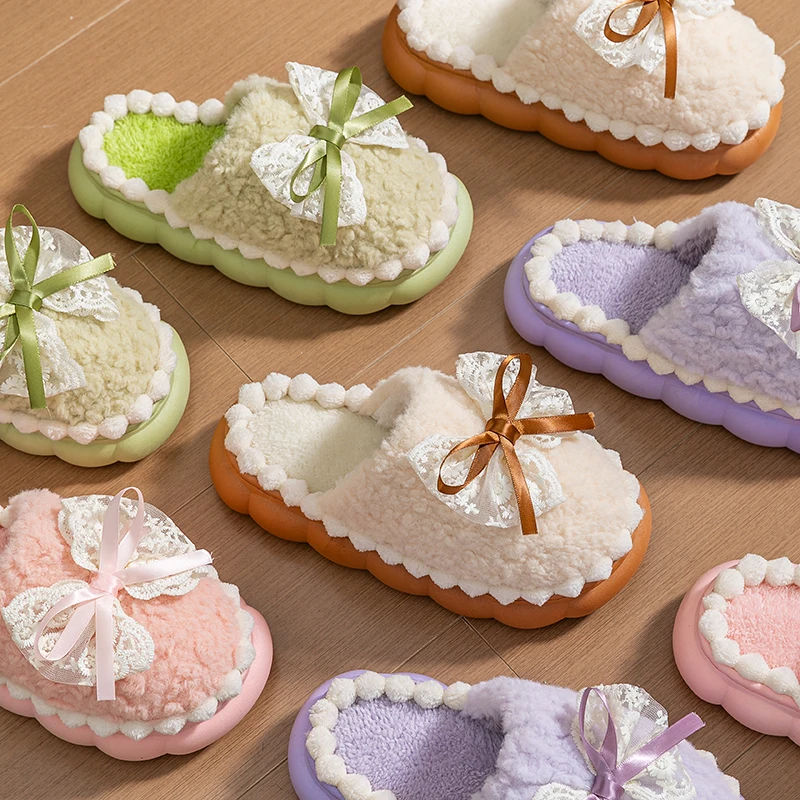 Winter Warm Fur Slippers For Women Thick-Soled Household Slippers Cute Bow Non Slip Soft Home Shoes Indoor Plush Women's Slipper