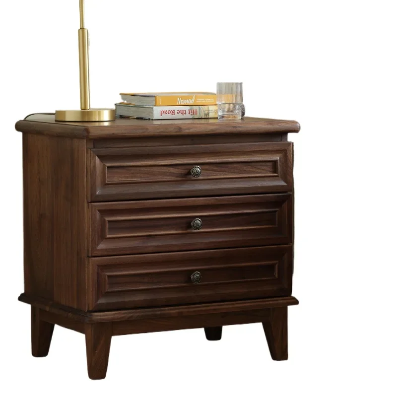 

Nordic black walnut solid wood bedside table light luxury three drawers simple log locker