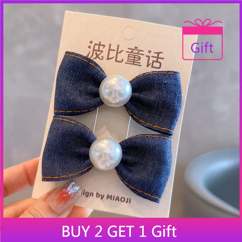

Детский комплект аксессуаров для волос, кружевные джинсовые заколки с жемчугом и ленты с бантом для девочек, модная повседневная одежда