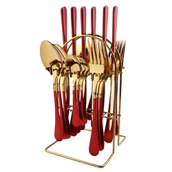 24Pcs Red Gold Dinnerware Set Stainless Steel Tableware Cutlery Home Knife Fork Spoon Set Kitchen Dinner Flatware With Rack Set