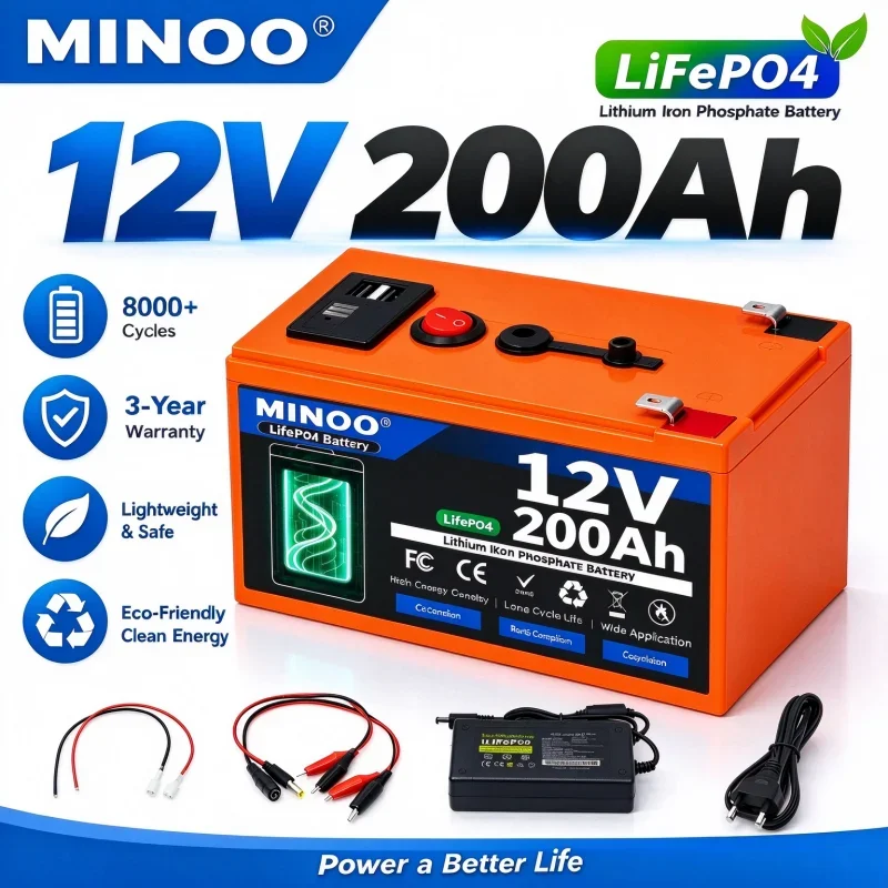 LiFePO412V 200AH battery with charger, 12V lithium battery built-in in 200A BMS 8000+Cycle Foam for quick transportation from Bo