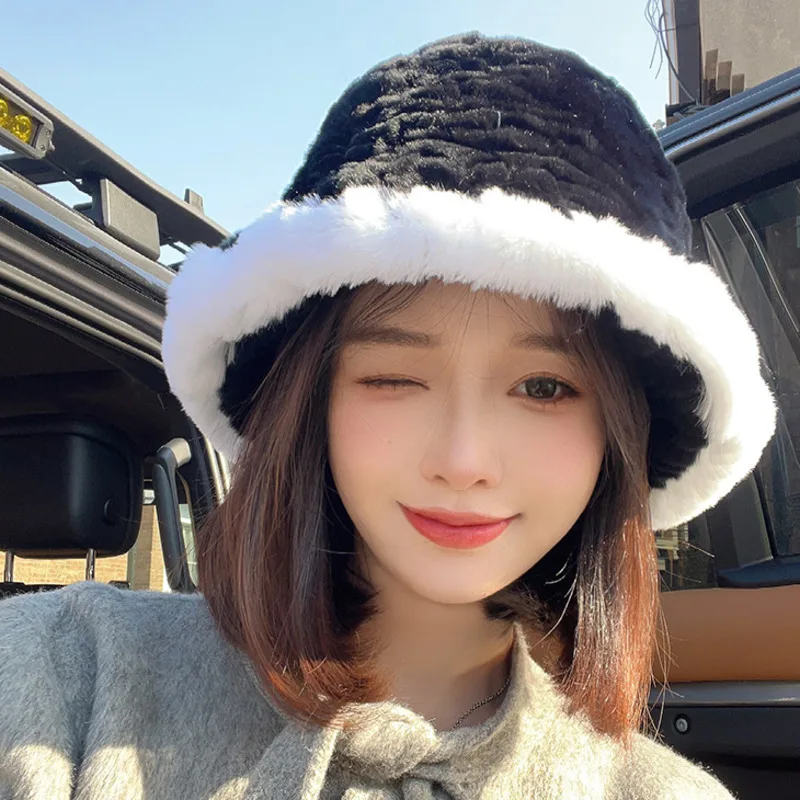 Real Rex Rabbit Fur Fisherman Hat Thickened And Warm Fur Knitted Bowl Hat Women's Winter Warm Cover Basin Hat  Real Fur Hats