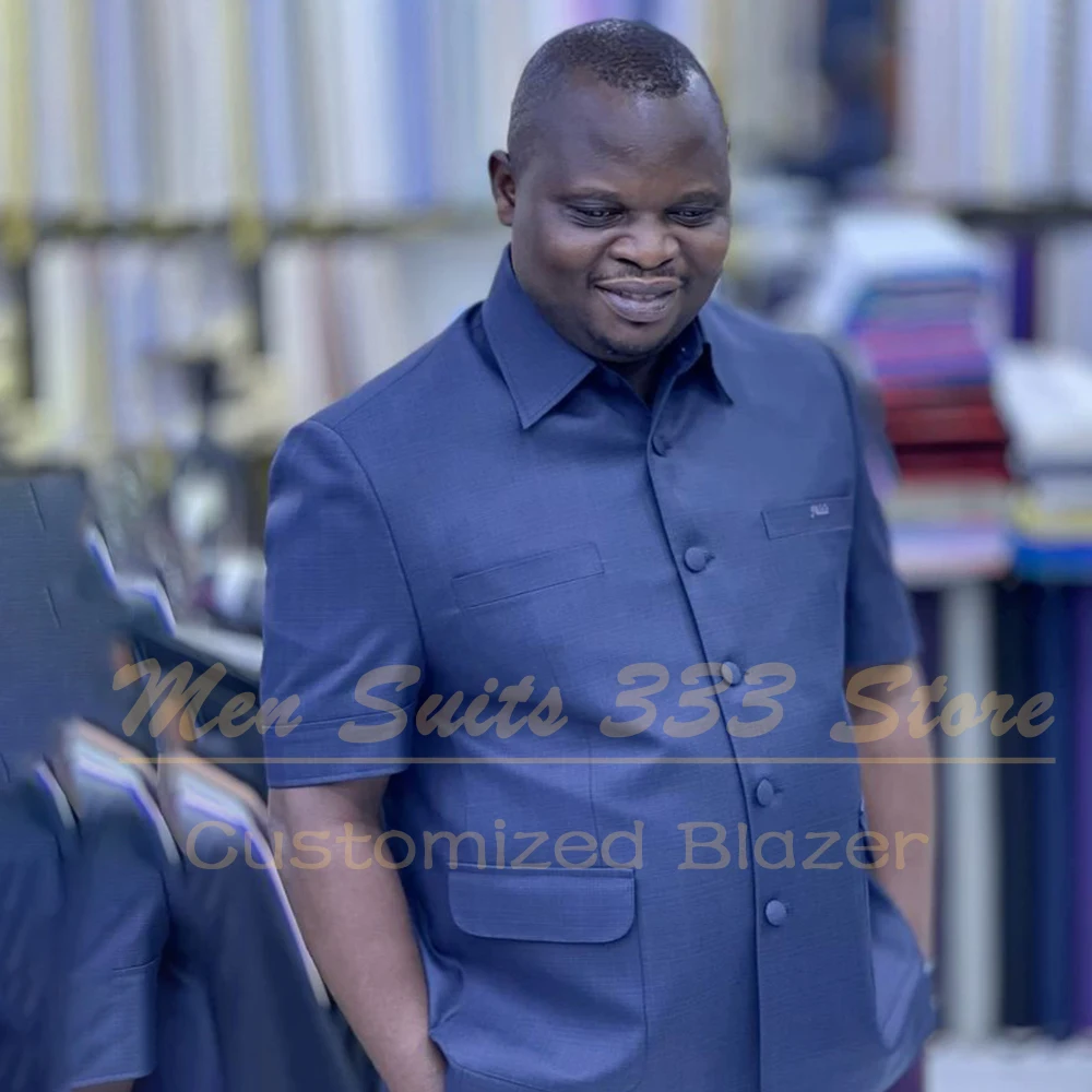 

Simple Short Sleeve Men's Suits Customzied Blue Single Breasted Stand Lapel Slim Fit 2 Piece Jacket Pants Costume Homme Terno