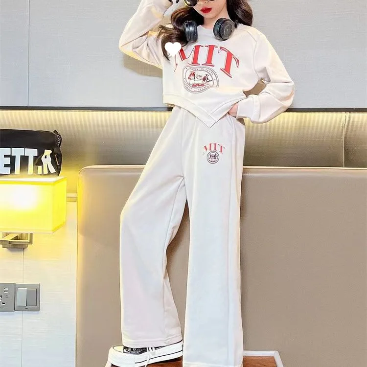 Girls Spring and Autumn New Irregular Sweater Wide Leg Pants Two-piece Set Medium and Older Children's Long Sleeve Top Pants Set