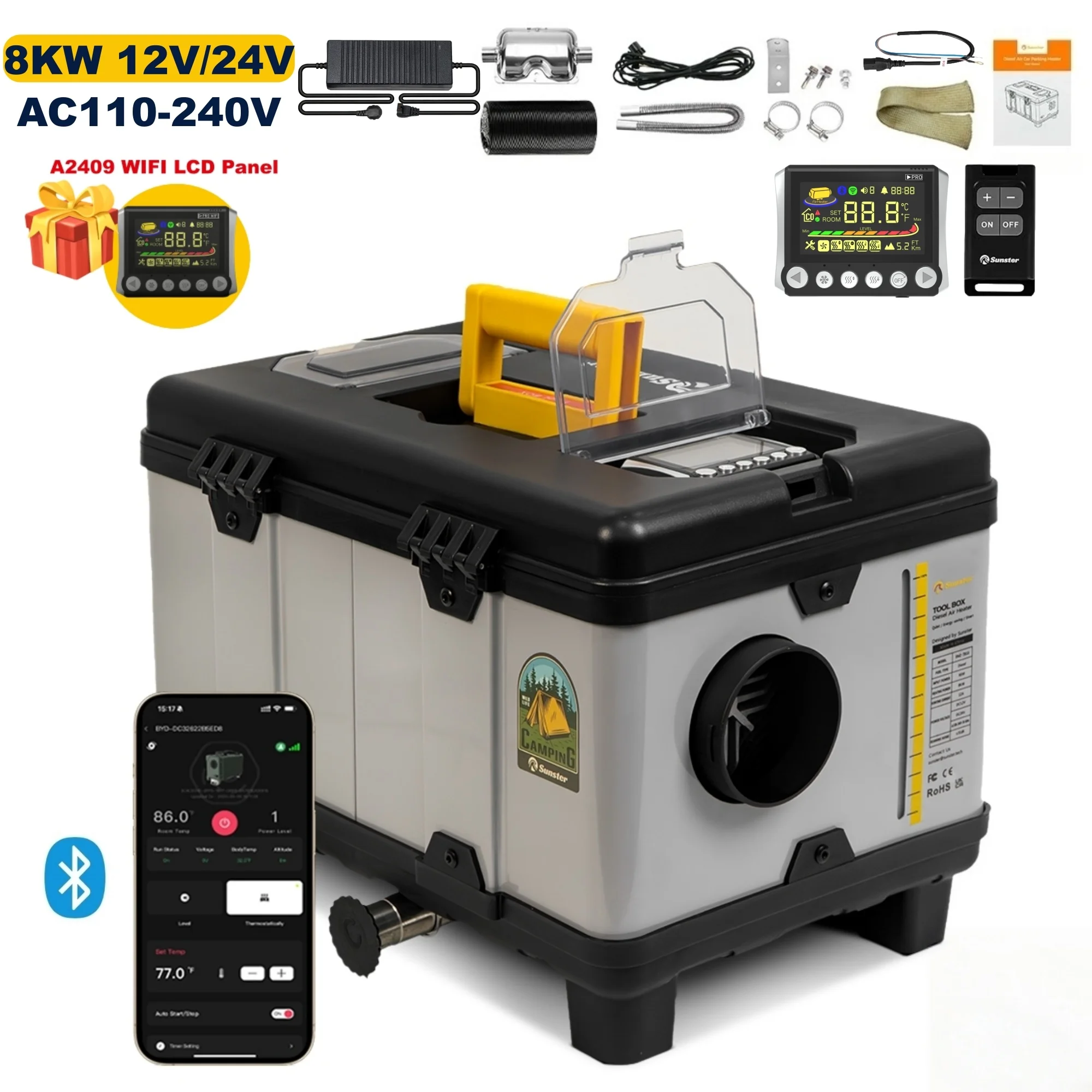 8KW Upgrade WIFI-Steuerung Dieselheizung 12V/24V/220V Werkzeugkasten Diesel-Lufterhitzer mit adaptivem Plateau-Modus Standheizung Fahrzeuge