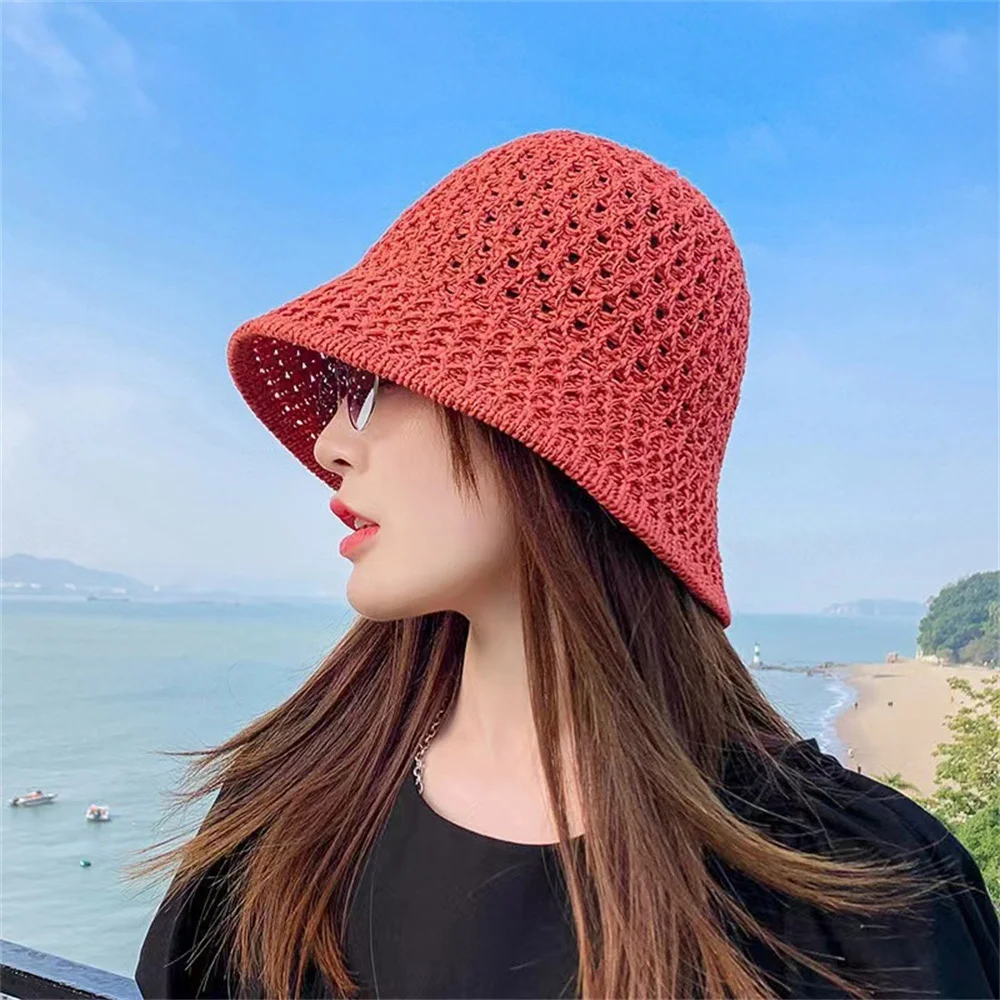 Fashion Crochet Sun Hat Sunscreen Female Korean Version Foldable Bucket Hollow Fisherman Hat Summer Outdoor Beach Hat 2024