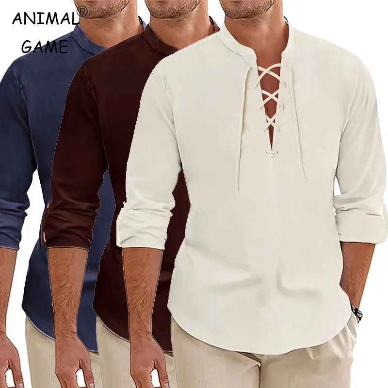 

Футболка мужская с длинным рукавом, Повседневная рубашка из хлопка и льна, в средневековом стиле, дышащая уличная одежда на шнуровке, для Хэллоуина, осень