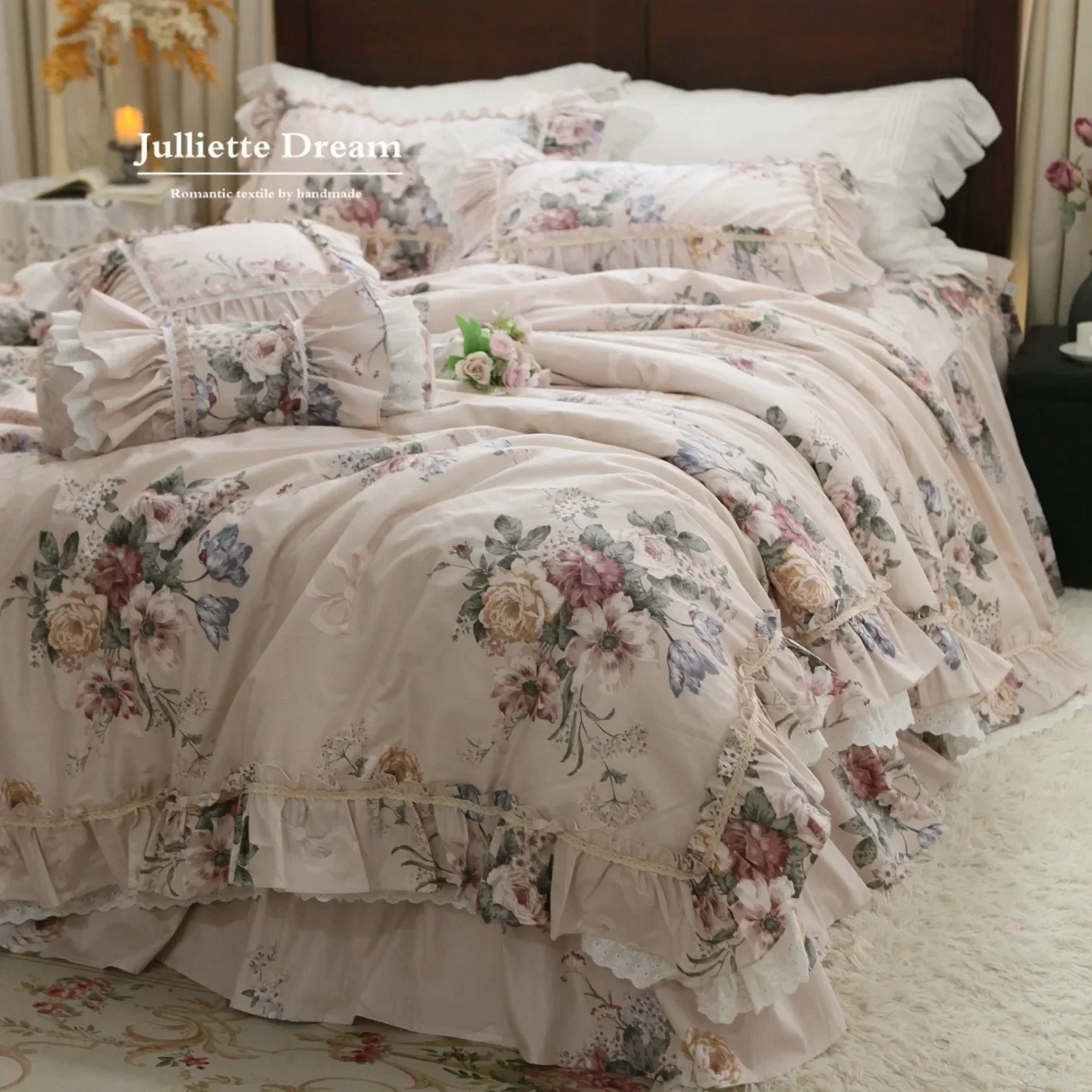 French Garden Floral Lace Bedding Set Princess Ruffle Bed Skirt Design 100% Cotton Heavyweight Duvet Cover Set for King Bedding
