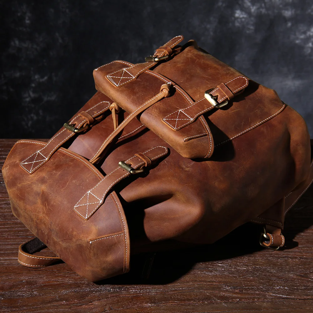 S.WORKER Vintage Echtleder-Rucksack für Herren, Reise-Vintage-Crazy-Horse-Schultasche, Große Laptop-Schultertasche aus Rindsleder für Männer – Detail 10