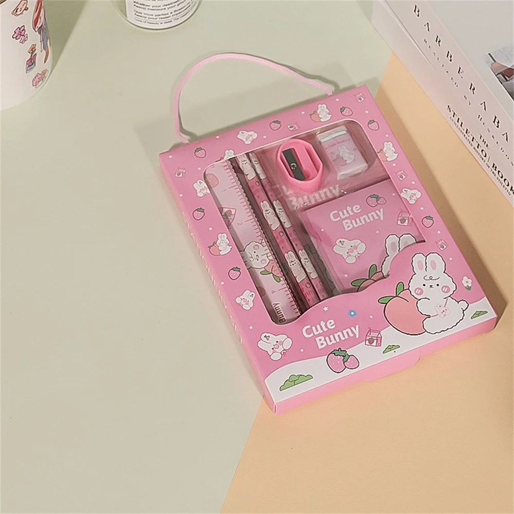 Cartoon Rabbit Pencil Ruler Eraser Sharpener Stationery Set Student School Office Writing Supplies Kindergarten Kids Gift
