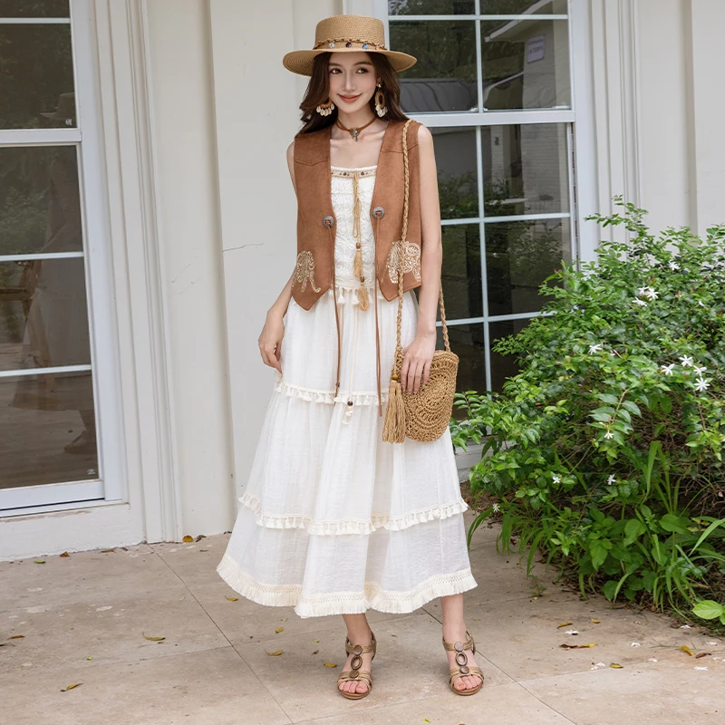 Ethnic Sle Embroidered Elephant Vest Jaet assland Photoaphy White f Skirt Matching Polyester Fiber Summer New Arrival