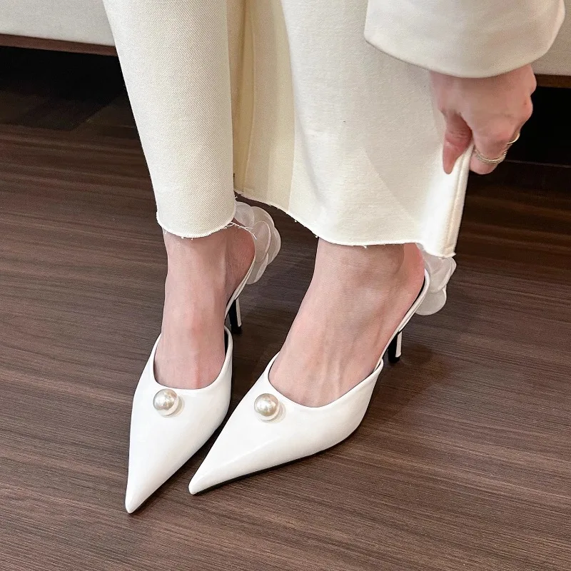 French Pointed Toe Mules Shoes for Women Pearl Flower Ladies High Heels Elegant Stilettos Dress Pumps Slip on Fashion Slippers