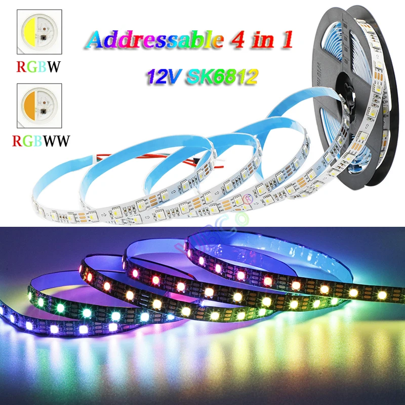 

12V DC 5m RGBW RGBWW addressable 4 in 1 LED Strip Tape pixle IC SK6812 60leds/m SMD 5050 RGB+White/warm White Smart light bar